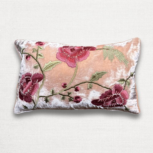 Delia Embroidered Silk Velvet Cushion in Pink Quartz