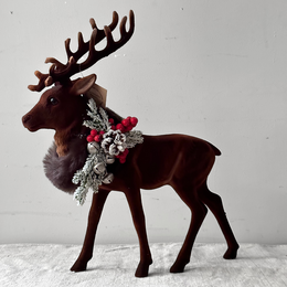 Large Flocked Brown Reindeer with Festive Adornment