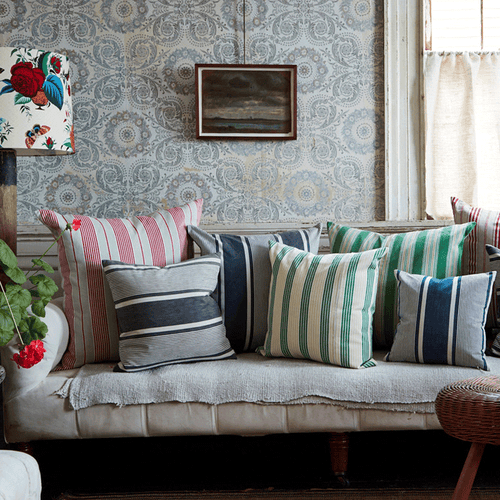 19th Century French Blue & White Ticking Pillow with Vintage African Linen Backing (#40)