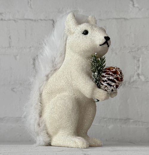 Beaded White Squirrel with Pinecone