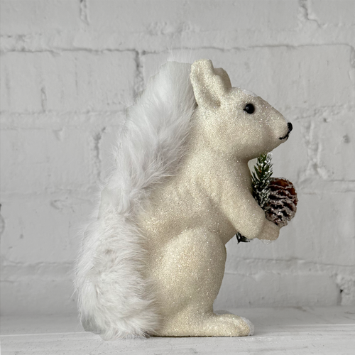 Beaded White Squirrel with Pinecone