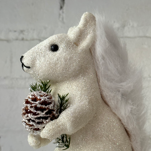 Beaded White Squirrel with Pinecone