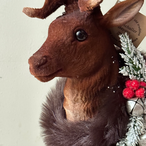 Large Flocked Brown Reindeer with Festive Adornment