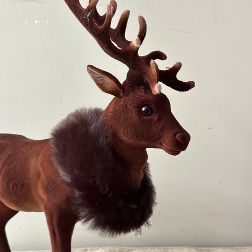 Large Flocked Brown Reindeer with Festive Adornment