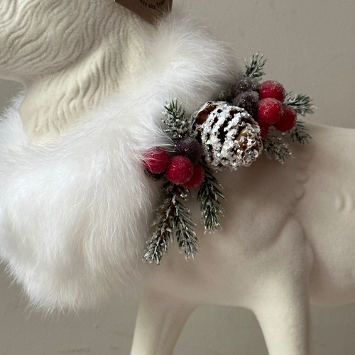 Large Flocked White Reindeer with Festive Adornment