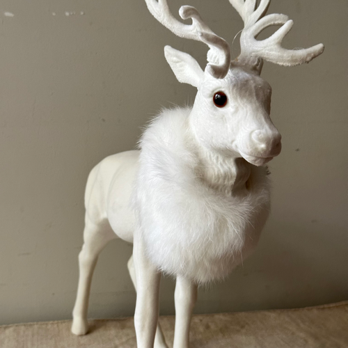 Large Flocked White Reindeer with Festive Adornment