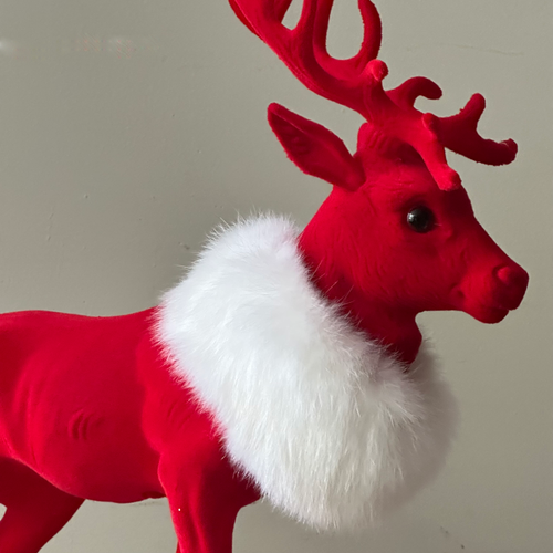 Large Flocked Red Reindeer with White Fur Scarf