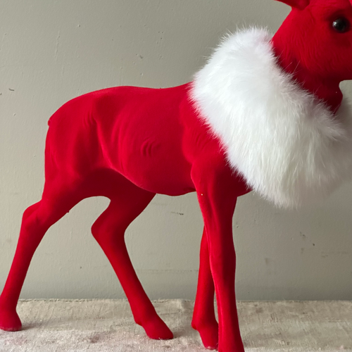 Large Flocked Red Reindeer with White Fur Scarf