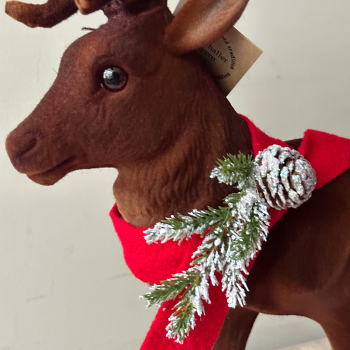 Large Flocked Brown Reindeer with Red Scarf