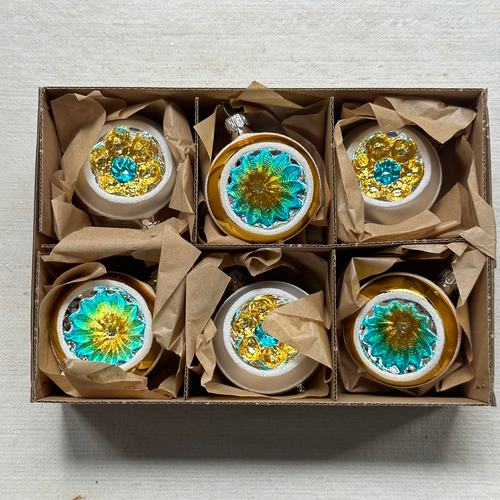 Set of 6 Nostalgic Gold & Blue Reflector Ornaments