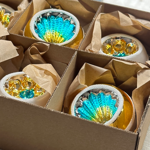 Set of 6 Nostalgic Gold & Blue Reflector Ornaments