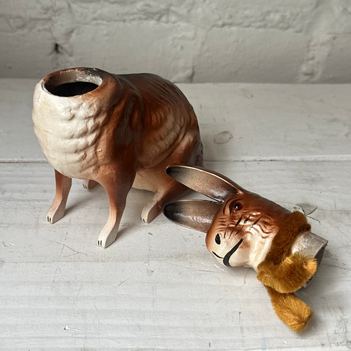 Papier-Mâché Seated Rabbit with Brown Neck Tie