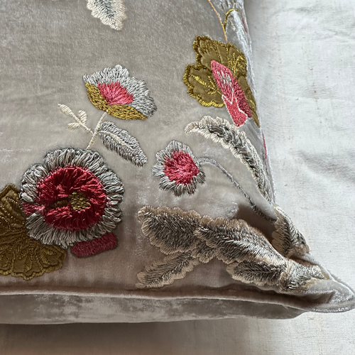 Dolores III Embroidered Silk Velvet Cushion in Lighter Powder