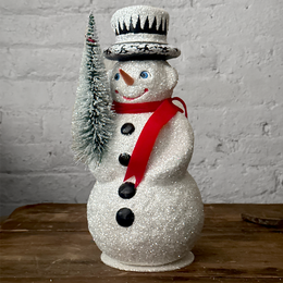 Large Papier-Mâché Glitter Snowman with Black Hat