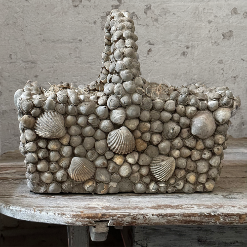 19th Century Pair of Shell Encrusted Cement Basket Planters