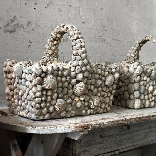 19th Century Pair of Shell Encrusted Cement Basket Planters