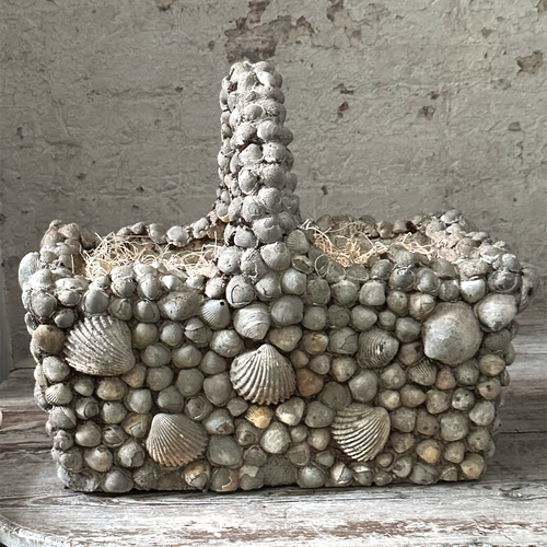 19th Century Pair of Shell Encrusted Cement Basket Planters