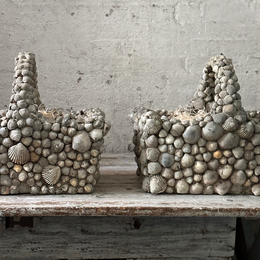 19th Century Pair of Shell Encrusted Cement Basket Planters