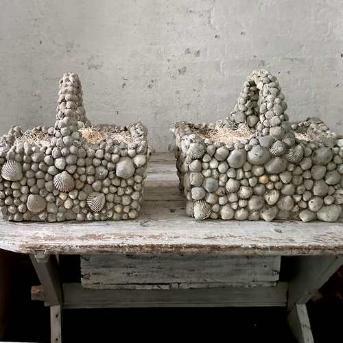 19th Century Pair of Shell Encrusted Cement Basket Planters