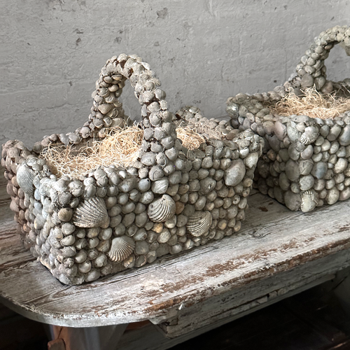 19th Century Pair of Shell Encrusted Cement Basket Planters