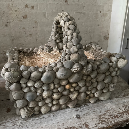 19th Century Pair of Shell Encrusted Cement Basket Planters