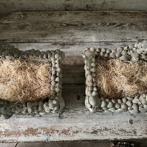 19th Century Pair of Shell Encrusted Cement Basket Planters