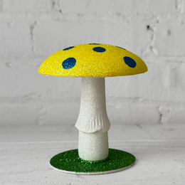 Glitter Mushroom in Yellow with Blue Dots