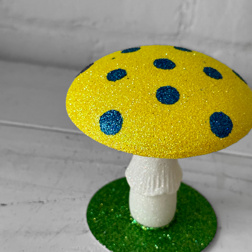 Glitter Mushroom in Yellow with Blue Dots