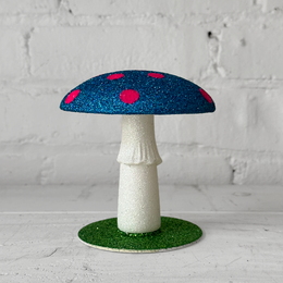 Glitter Mushroom in Blue with Pink Dots