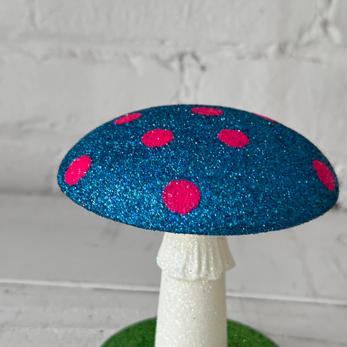 Glitter Mushroom in Blue with Pink Dots