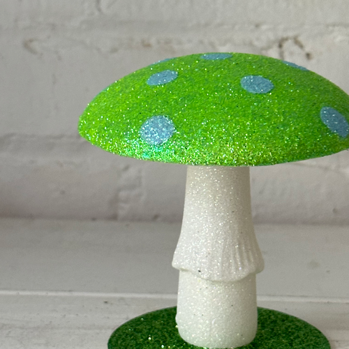 Glitter Mushroom in Light Green with Blue Dots