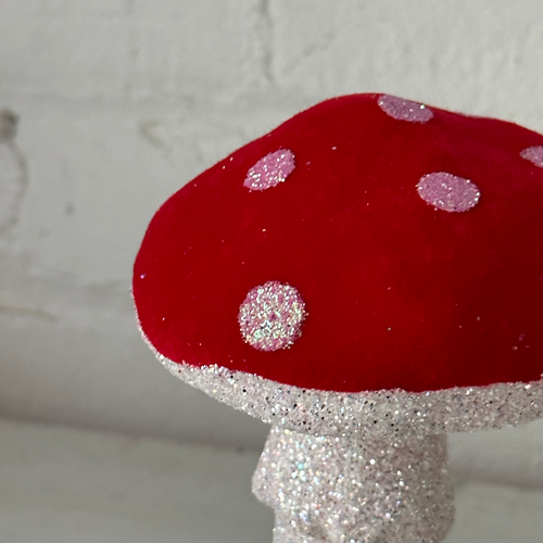 Red Flocked Glitter Mushroom with Pink Dots