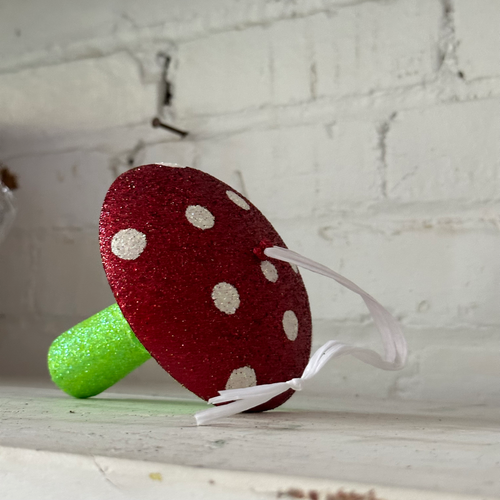 Red Glitter Mushroom with Green Base Ornament