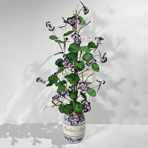 Potted Vintage Silk Nasturtium Tall Tower in "Indian Meal" Vintage Ceramic Vessel by Christopher D. Bassett