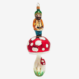 Gnome on Red Spotted Mushroom with Green Hat Ornament