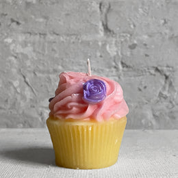 Pink Frosting with Purple Flowers Cupcake Candle